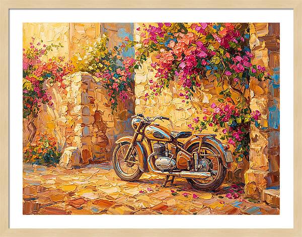 Vintage Motorcycle In Blooming Alley
