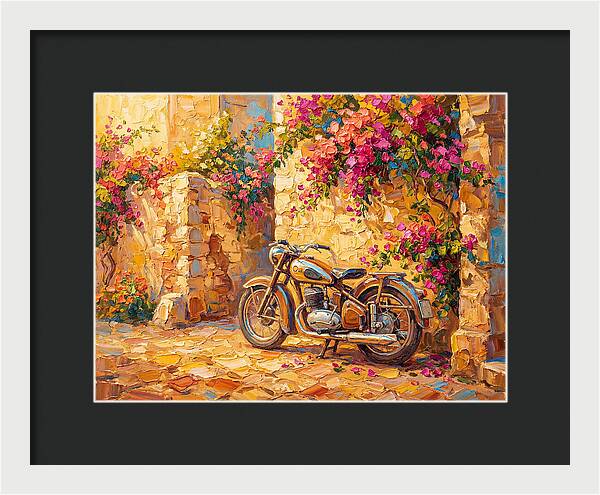 Vintage Motorcycle In Blooming Alley