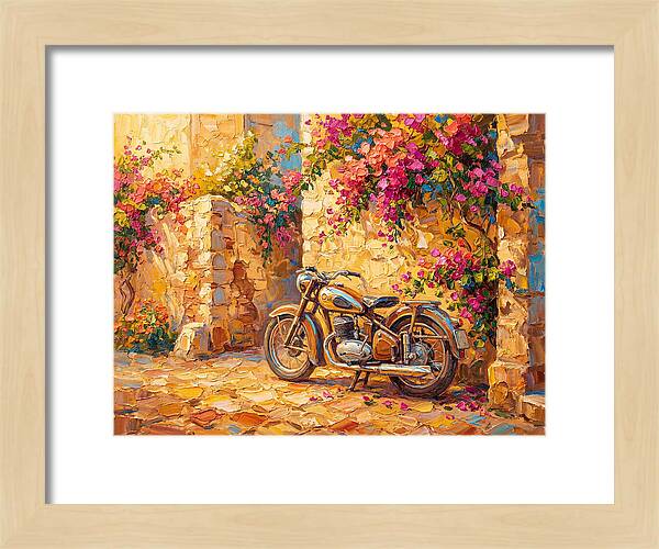 Vintage Motorcycle In Blooming Alley
