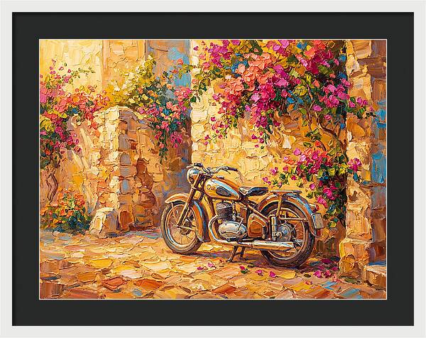 Vintage Motorcycle In Blooming Alley