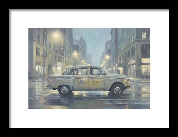 Vintage Taxi Cab On Rainy Night