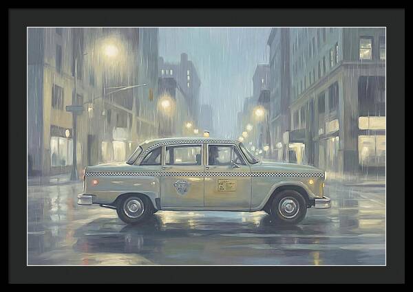 Vintage Taxi Cab On Rainy Night