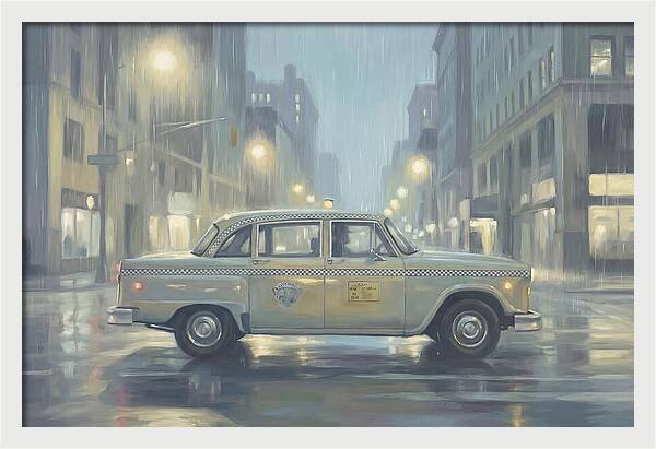 Vintage Taxi Cab On Rainy Night