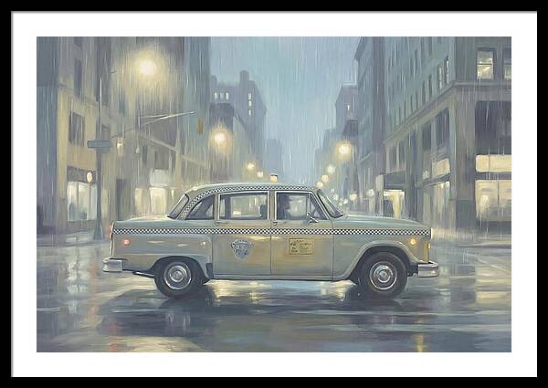 Vintage Taxi Cab On Rainy Night