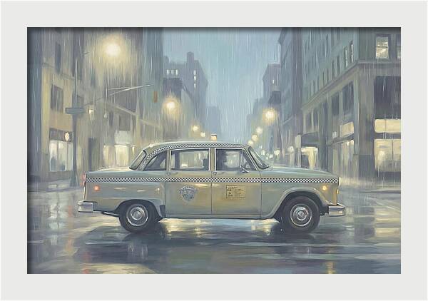 Vintage Taxi Cab On Rainy Night