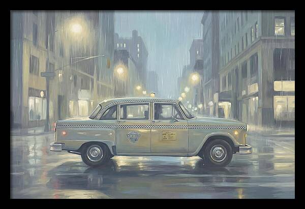 Vintage Taxi Cab On Rainy Night