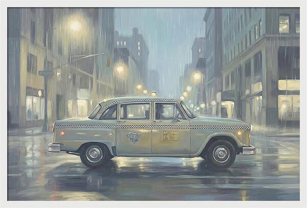 Vintage Taxi Cab On Rainy Night