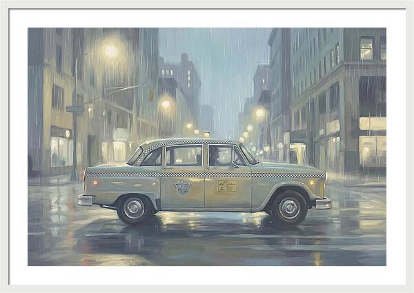 Vintage Taxi Cab On Rainy Night
