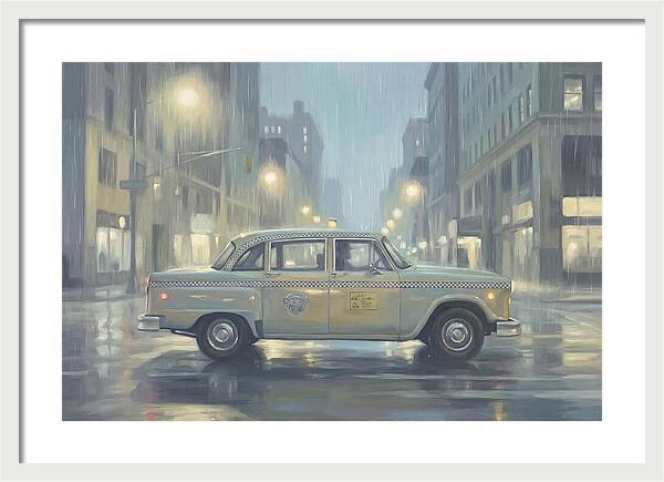 Vintage Taxi Cab On Rainy Night
