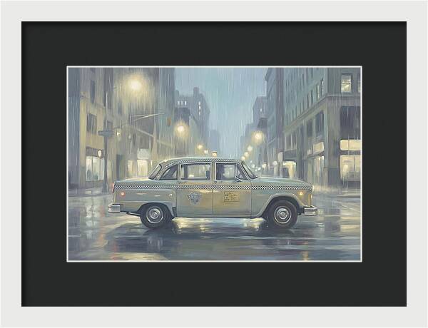 Vintage Taxi Cab On Rainy Night