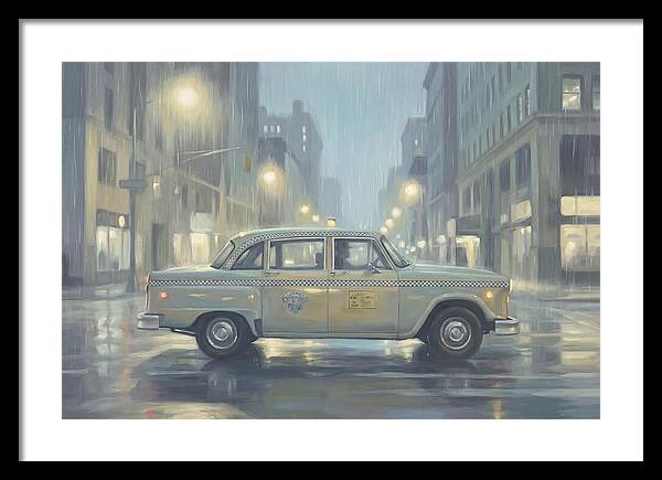 Vintage Taxi Cab On Rainy Night