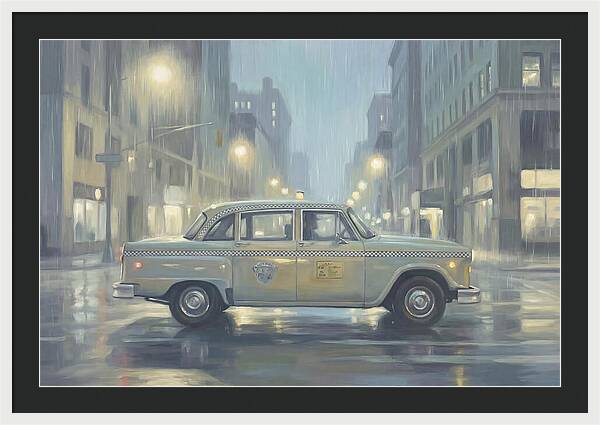 Vintage Taxi Cab On Rainy Night