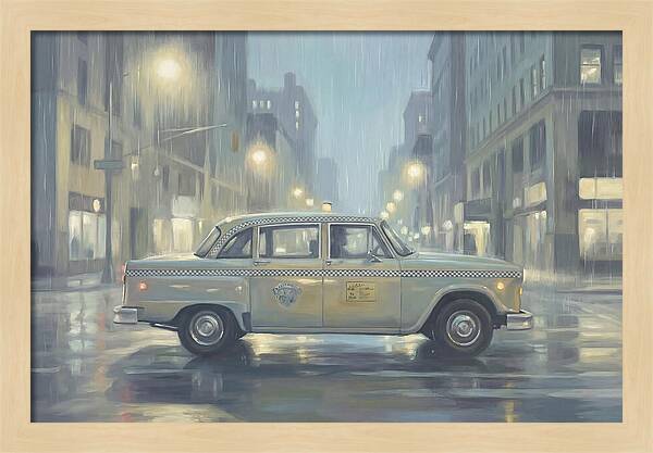 Vintage Taxi Cab On Rainy Night