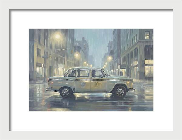 Vintage Taxi Cab On Rainy Night