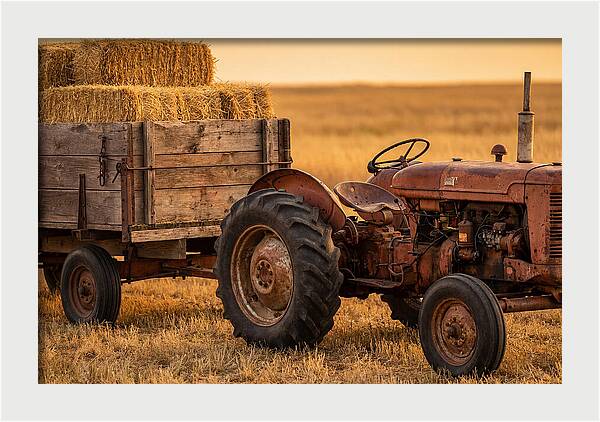 Vintage Tractor With Hay Wagon