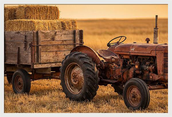 Vintage Tractor With Hay Wagon