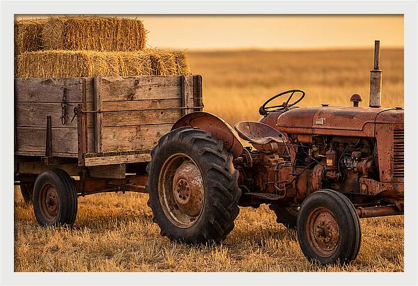 Vintage Tractor With Hay Wagon