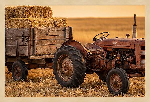 Vintage Tractor With Hay Wagon