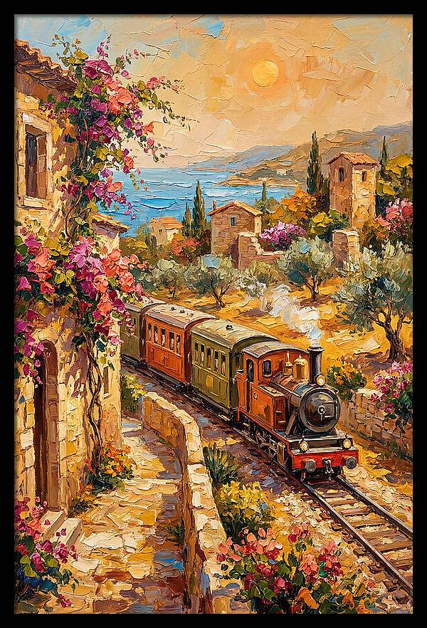 Vintage Train Journey Through Mediterranean Landscape