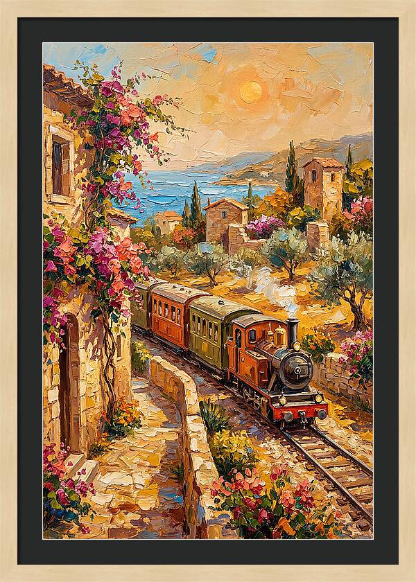 Vintage Train Journey Through Mediterranean Landscape