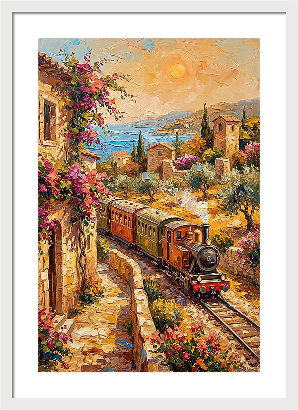 Vintage Train Journey Through Mediterranean Landscape