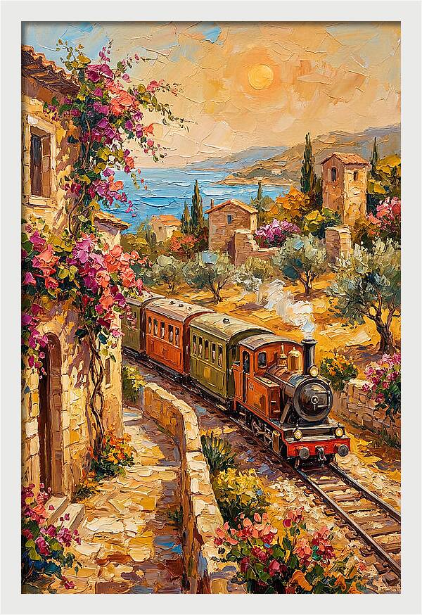 Vintage Train Journey Through Mediterranean Landscape