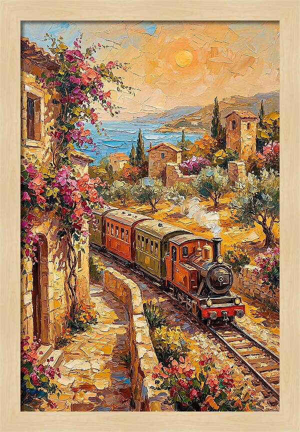 Vintage Train Journey Through Mediterranean Landscape