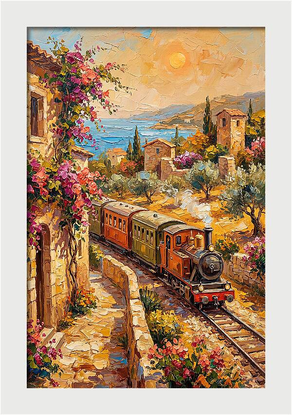 Vintage Train Journey Through Mediterranean Landscape