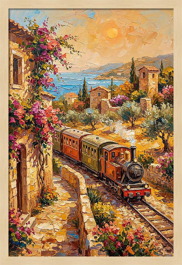 Vintage Train Journey Through Mediterranean Landscape
