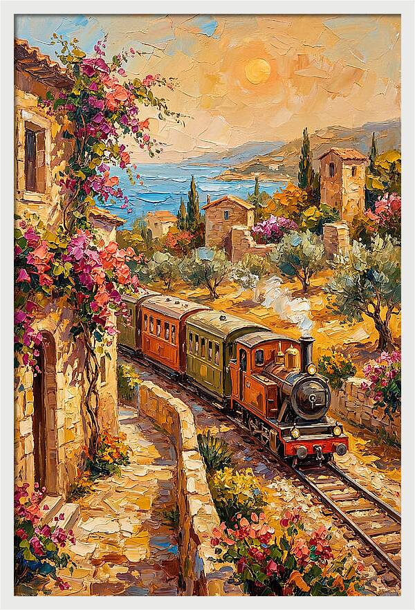 Vintage Train Journey Through Mediterranean Landscape