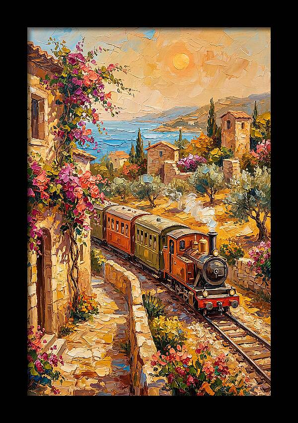 Vintage Train Journey Through Mediterranean Landscape