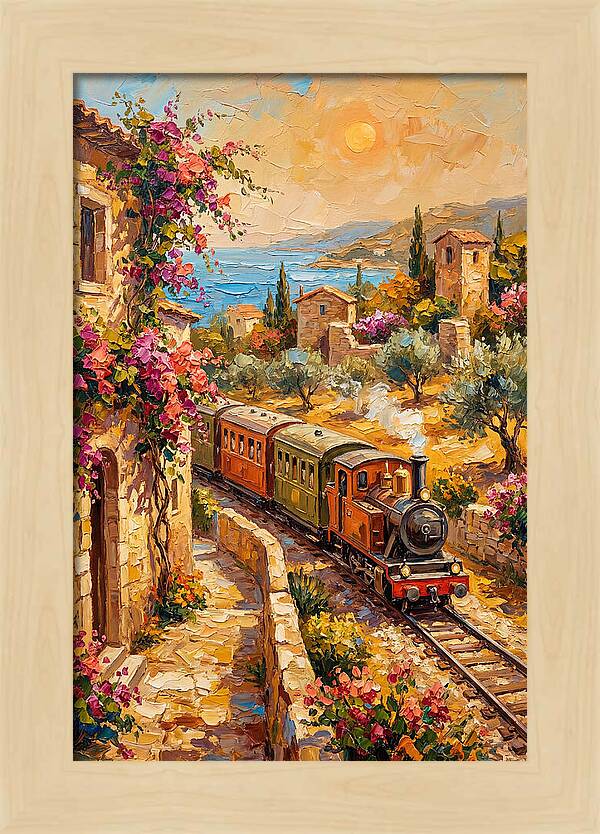 Vintage Train Journey Through Mediterranean Landscape
