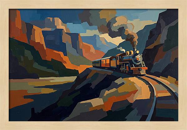 Vintage Train Winding Through Mountains