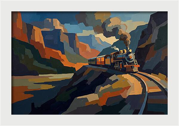 Vintage Train Winding Through Mountains