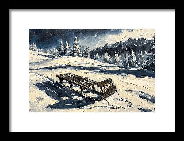 Vintage Wooden Toboggan On Snowy Hillside