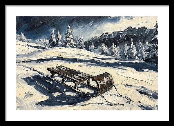 Vintage Wooden Toboggan On Snowy Hillside