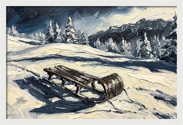 Vintage Wooden Toboggan On Snowy Hillside