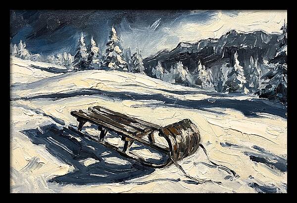 Vintage Wooden Toboggan On Snowy Hillside