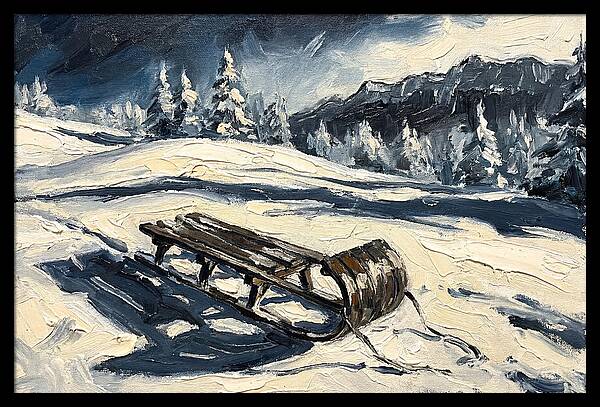 Vintage Wooden Toboggan On Snowy Hillside