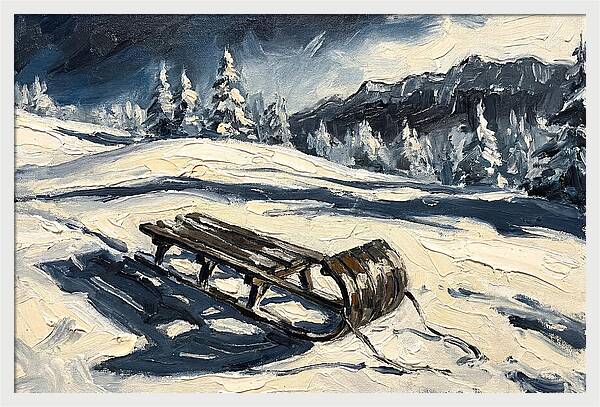 Vintage Wooden Toboggan On Snowy Hillside