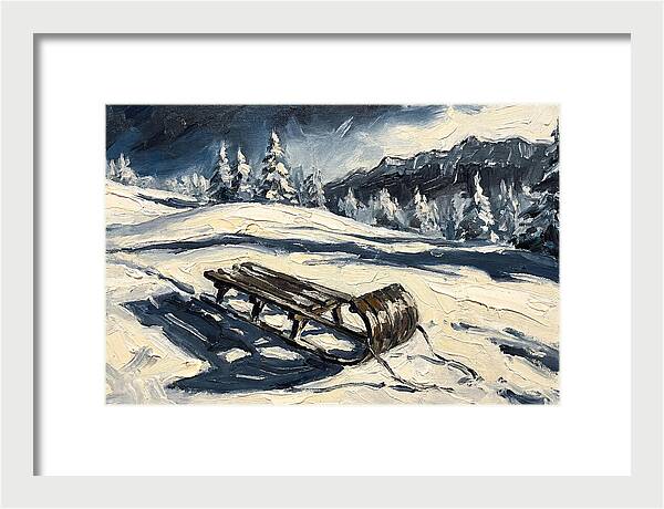 Vintage Wooden Toboggan On Snowy Hillside