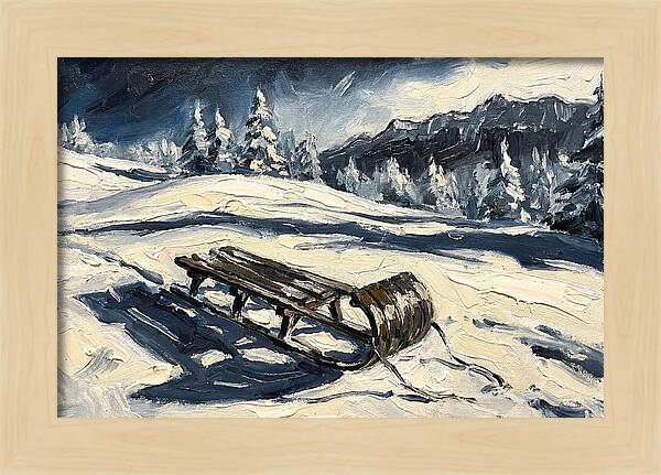 Vintage Wooden Toboggan On Snowy Hillside