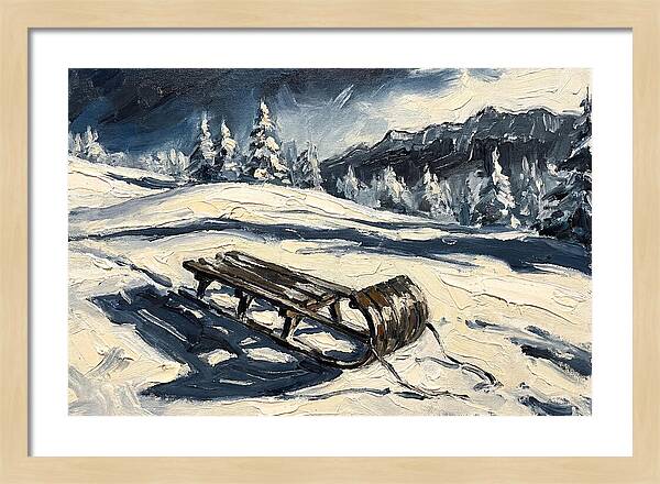 Vintage Wooden Toboggan On Snowy Hillside