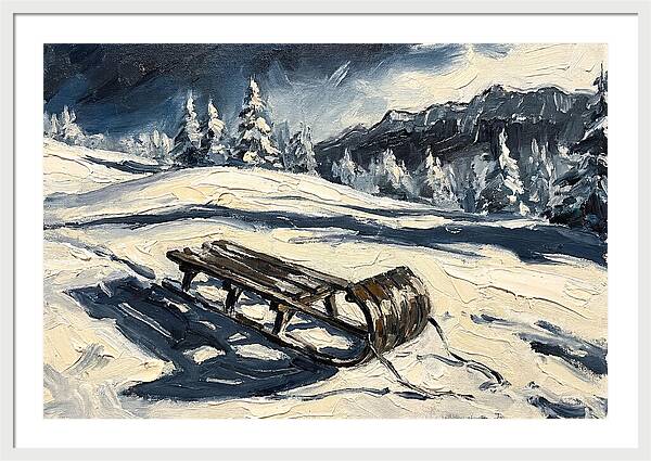 Vintage Wooden Toboggan On Snowy Hillside