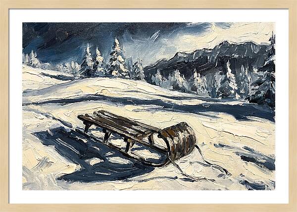 Vintage Wooden Toboggan On Snowy Hillside
