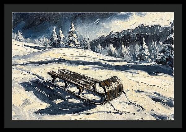 Vintage Wooden Toboggan On Snowy Hillside