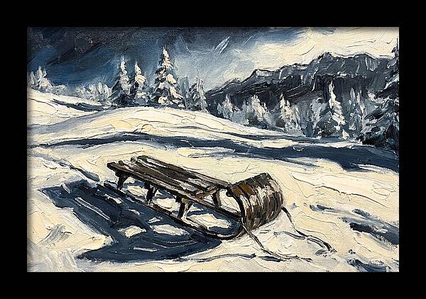 Vintage Wooden Toboggan On Snowy Hillside