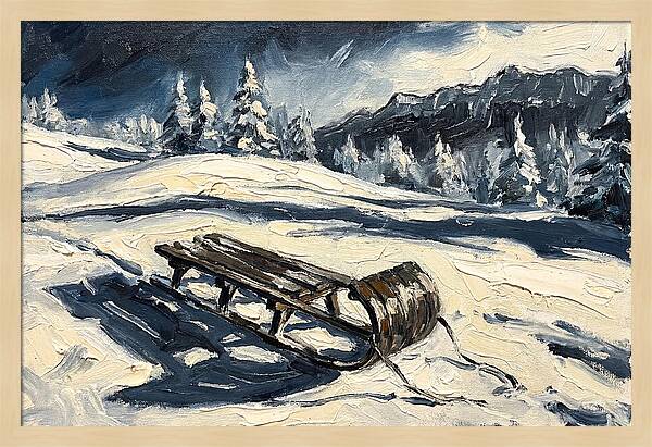 Vintage Wooden Toboggan On Snowy Hillside