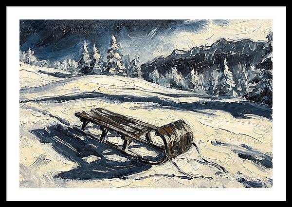 Vintage Wooden Toboggan On Snowy Hillside