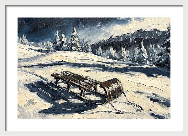 Vintage Wooden Toboggan On Snowy Hillside